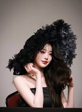 原创Lolita手作哥特暗黑寡妇帽黑珍珠流苏蕾丝黑玫瑰羽毛拍照道具