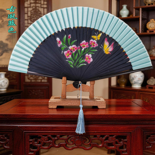 蓝色表演扇子汉服折扇随身好开合
