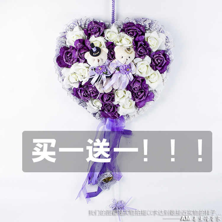 婚庆情侣熊结婚小熊玫瑰花环门饰婚房布置道具爱心装饰品挂件花环