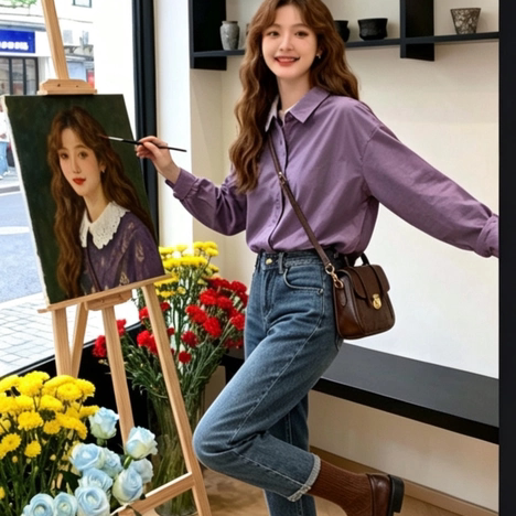 长袖衬衫女2026新款早秋磨毛纯棉宽松百搭纯色独特超好看单穿衬衣