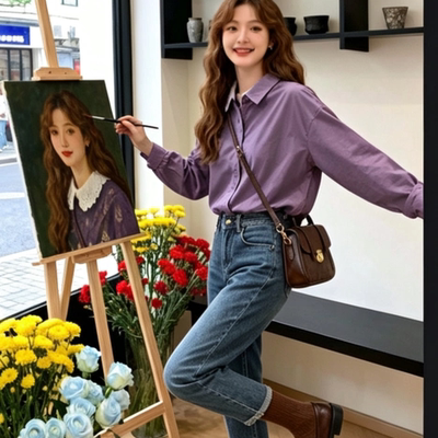 长袖衬衫女2026新款早秋磨毛纯棉宽松百搭纯色独特超好看单穿衬衣
