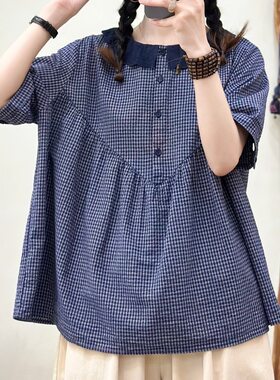 日系森女系夏季新品甜美格子娃娃领蕾丝棉麻短袖衬衫女打底衫休闲