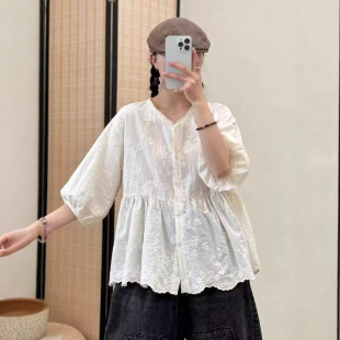 2026春夏新品 日系森女系复古v领宫廷风蕾丝提花短袖衬衫上衣 女