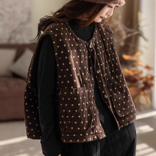 波点灯芯绒棉马甲2025文艺复古圆领单排扣夹棉保暖百搭无袖坎肩女