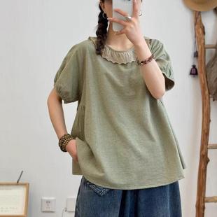 减龄上衣衬衣 2025日系新款 女装 森女系格子花边领衬衫 宽松套头短袖
