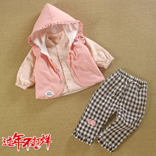 夹棉三个月女宝宝洋气时髦三件套装秋冬分体款小月龄婴儿衣服外穿
