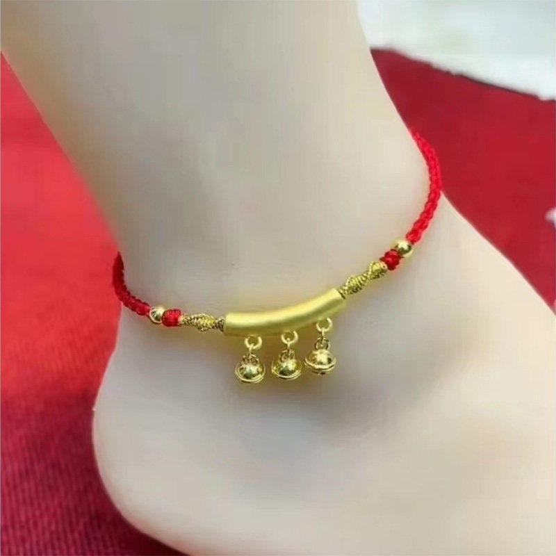 999足金弯管铃铛黄金脚链女新款时尚潮金铃铛本命年红绳礼物脚饰