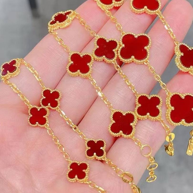999足金9mm12mm15mm五花幸运草黄金手链女粉贝白贝虎眼红玛瑙镶嵌