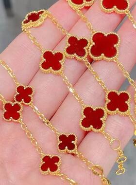 999足金9mm12mm15mm五花幸运草黄金手链女粉贝白贝虎眼红玛瑙镶嵌