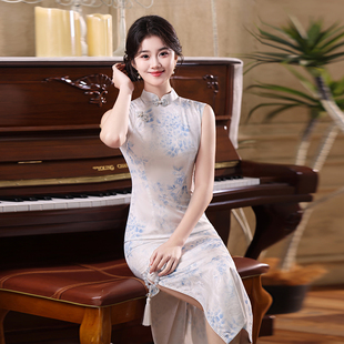 新中式国风蓝粉色旗袍裙女夏2026新款小个子高级感人丝碎花连衣裙