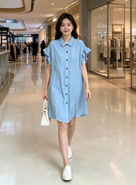 休闲直筒粘纤纯色荷叶袖连衣裙