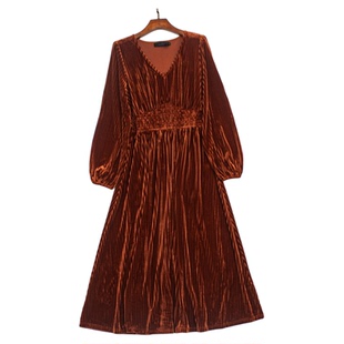 外贸单 复古丝绒V领连衣裙女 收腰显瘦长款灯笼袖气质宴会礼服裙