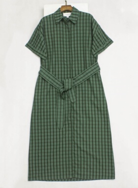 外贸单 绿色格子连衣裙女夏 短袖衬衫裙系带收腰遮肉休闲中长裙