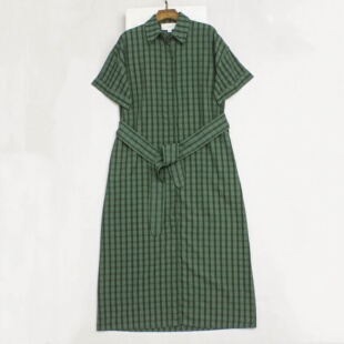 外贸单 绿色格子连衣裙女夏 短袖衬衫裙系带收腰遮肉休闲中长裙