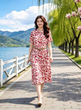 通勤收腰裙粘纤麻印花短袖衬衫裙