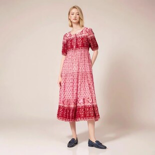 系带连衣裙女 民族风波西米亚复古印花灯笼袖 气质 外贸单 棉绸