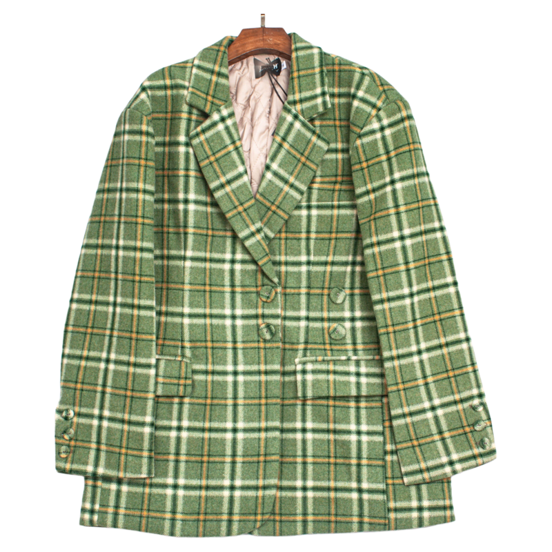 棉混纺中款英伦风双排扣毛呢外套