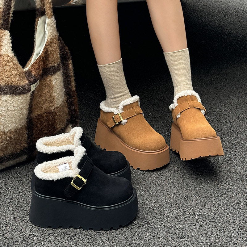 厚底勃肯包头半拖鞋女外穿新款时尚真皮冬季加绒保暖增高9CM棉鞋