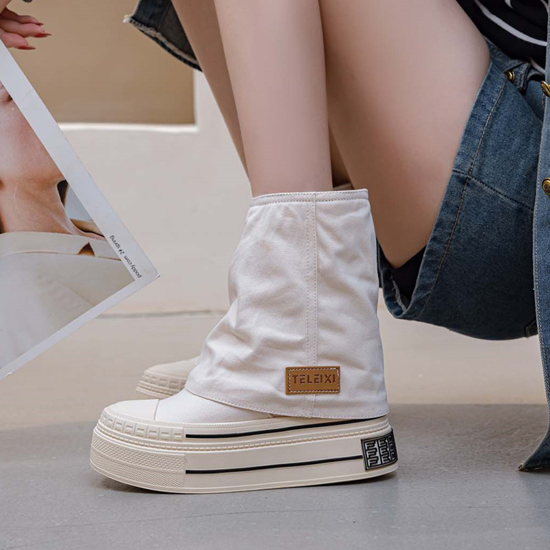 厚底内增高12CM帆布短靴女2026新款时尚春季松糕休闲高帮裤管靴子