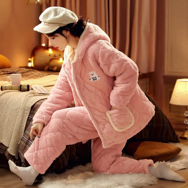 女装冬季法兰绒夹棉睡衣三层加厚加绒珊瑚绒家居服套装保暖衣棉袄