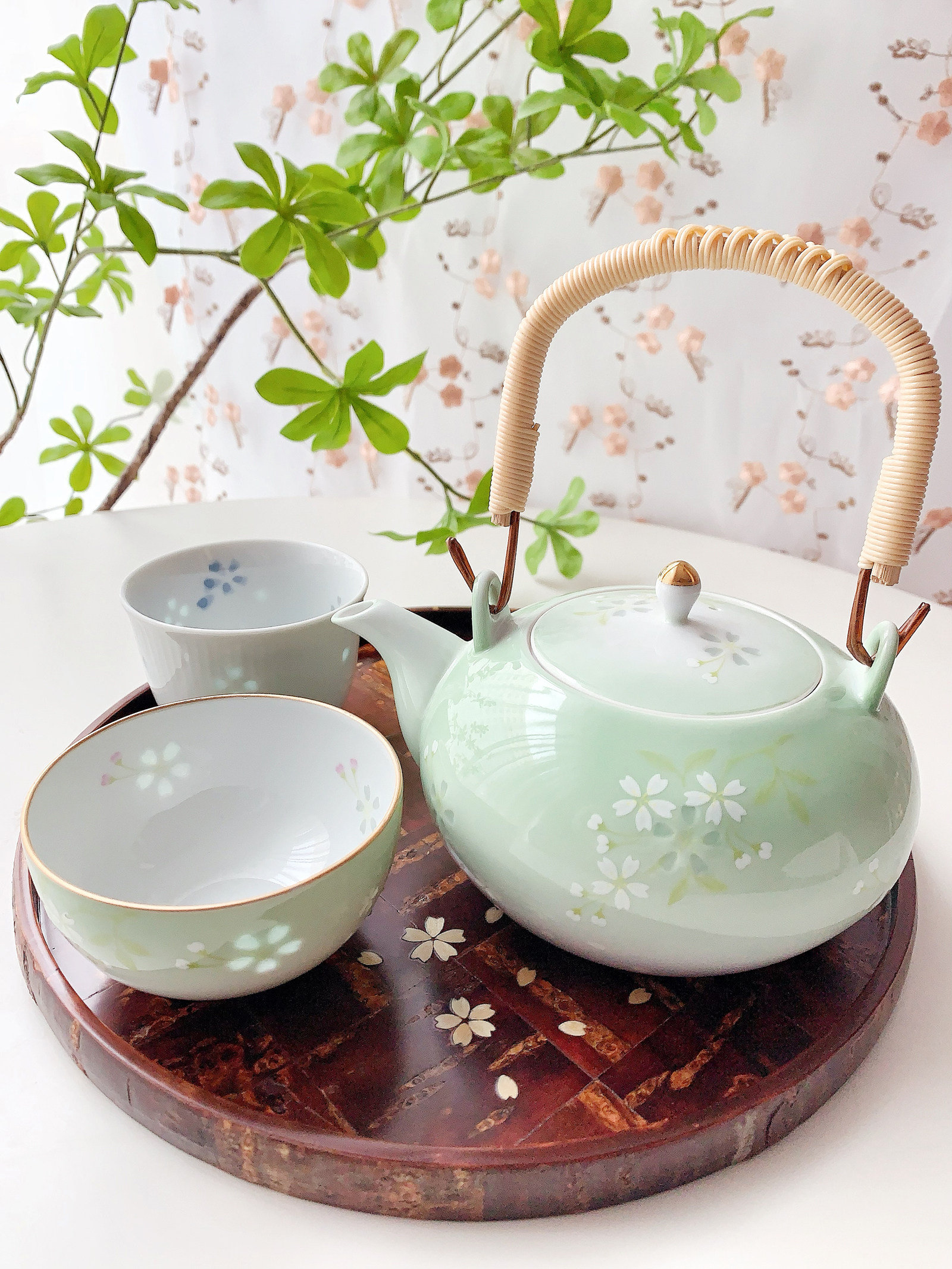 现货日本进口陶瓷家用浪漫梦幻清新雅致透光樱花提篮茶壶茶杯水杯