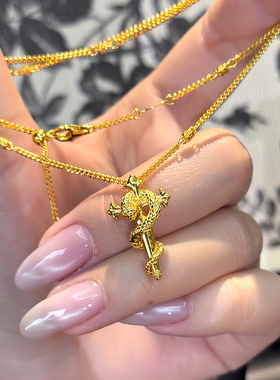 精致黄金色金蛇缠绕权杖项链女款
