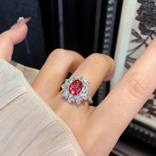 轻奢满钻围镶2克拉日落色帕帕拉恰彩宝戒指女925银粉色宝石莲花
