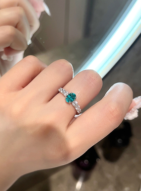 复古高级感人工培育帕拉伊巴戒指女绿宝石碧玺钻戒纯银铂金指环