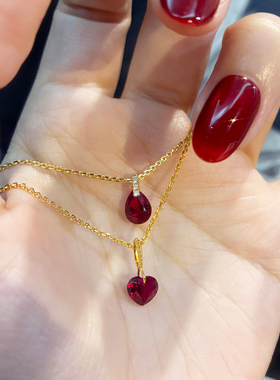 超显白红宝石水滴形心形金色项链