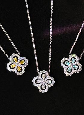 高级感满钻四叶草loop钻石项链女海蓝宝锁骨链925银花型吊坠黄钻