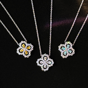 高级感满钻四叶草loop钻石项链女海蓝宝锁骨链925银花型吊坠黄钻