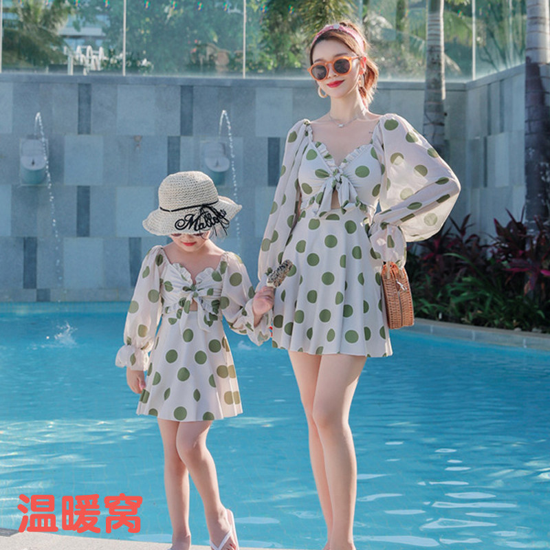 韩版长袖聚拢平角裤母女亲子装防晒连体游泳衣沙滩温泉保守型新款