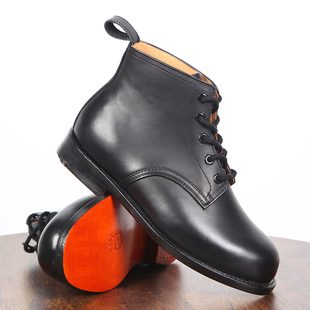 牛皮底高腰休闲皮鞋3516厂真皮圆头系带马丁靴固特异工艺87舰艇靴