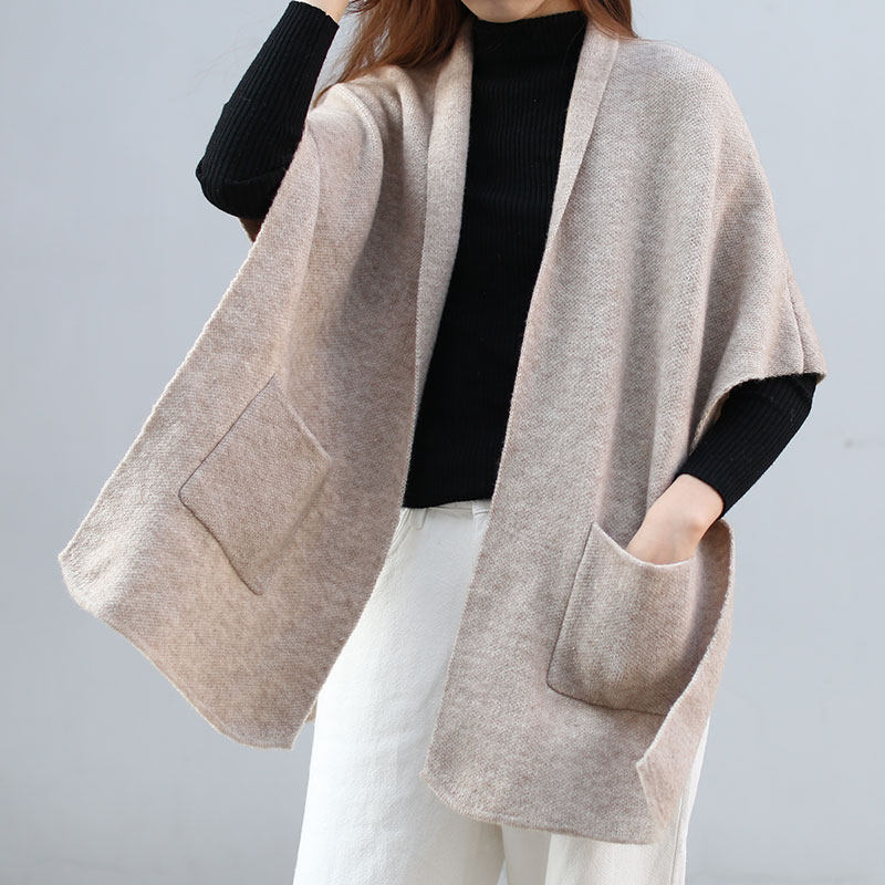 针织披风纯色中长款口袋大披肩高档时尚护颈椎空调房斗篷秋冬办公