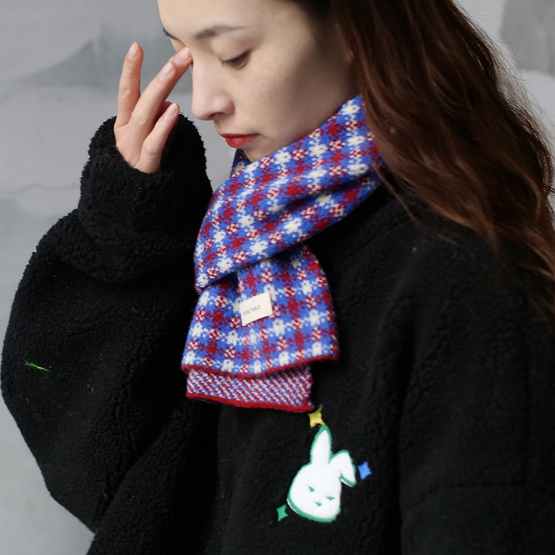 贴标时髦格子小围巾短款针织韩系学生女秋冬保暖护颈小红书种草潮