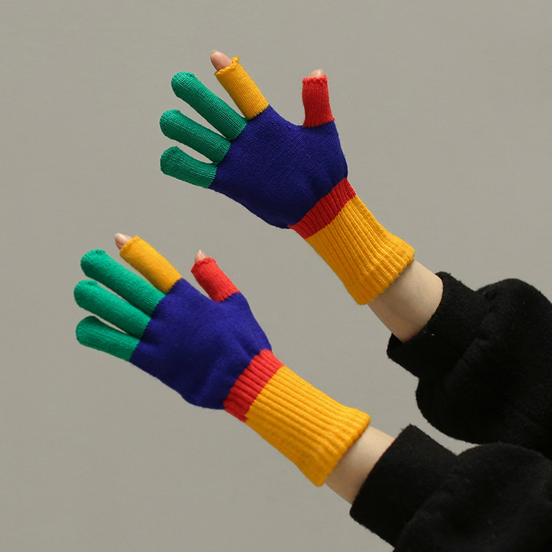 露两指俏皮彩色毛线针织手套女秋冬学生打字保暖触屏长护腕薄五指