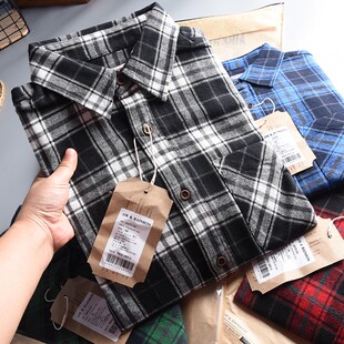 衬衫 尾货纯棉水洗磨毛格子翻领长袖 外套衬衣 欧美范男装 品质好货