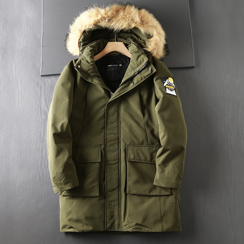 大口袋大毛领连帽外套派克羽绒服