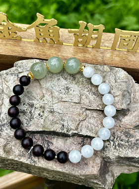 新中式国潮风天然和田玉白玉小叶紫檀圆珠单圈手串手链礼物