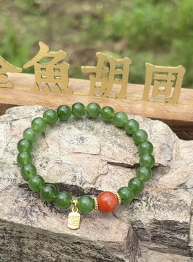 新中式国潮风天然和田玉碧玉圆珠单圈手串女款玉石手链礼物