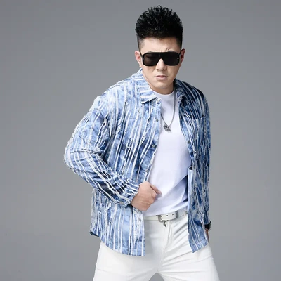 2025新款条纹棉麻衬衫男高级感痞帅潮流男士休闲衬衣长袖外套春秋