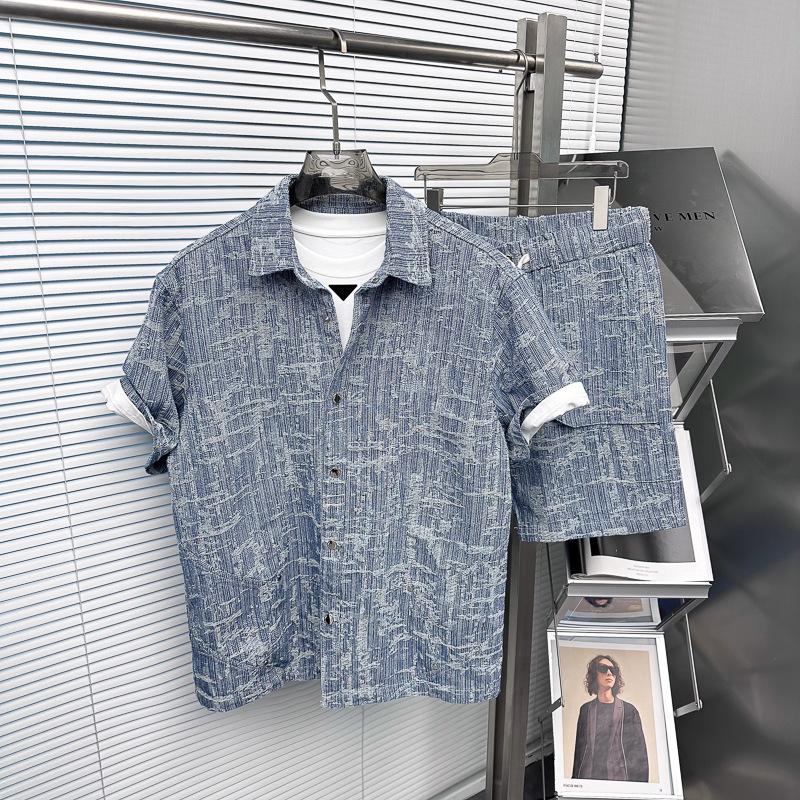 2025  男夏季满版提花牛仔短袖衬衫套装短裤宽松短袖牛仔套装