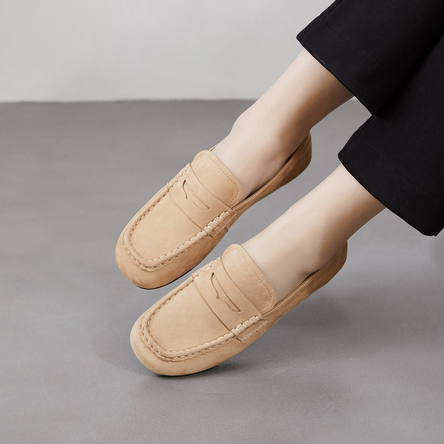 2026春季新款绒面头层牛皮乐福鞋英伦软底软面豆豆鞋女一脚蹬单鞋,女鞋,时尚休闲鞋,淘宝优惠券,粉丝福利购,淘宝优惠卷