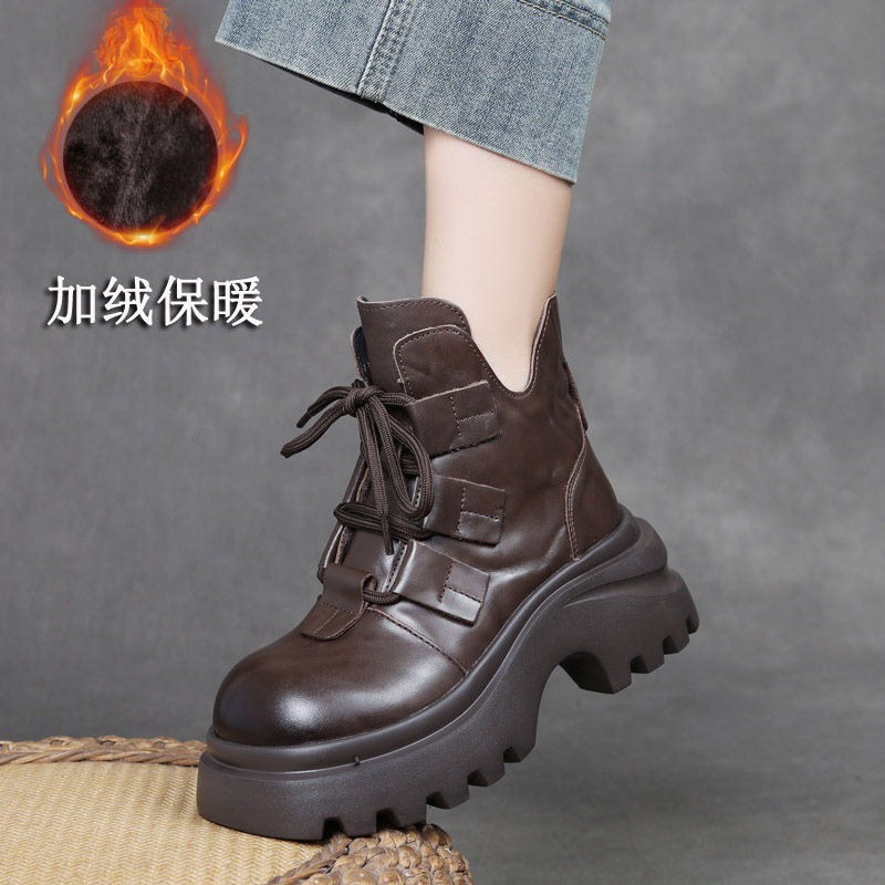 吉树25冬款真皮拉链加绒保暖马丁靴头层牛皮厚底粗跟小个子棉靴