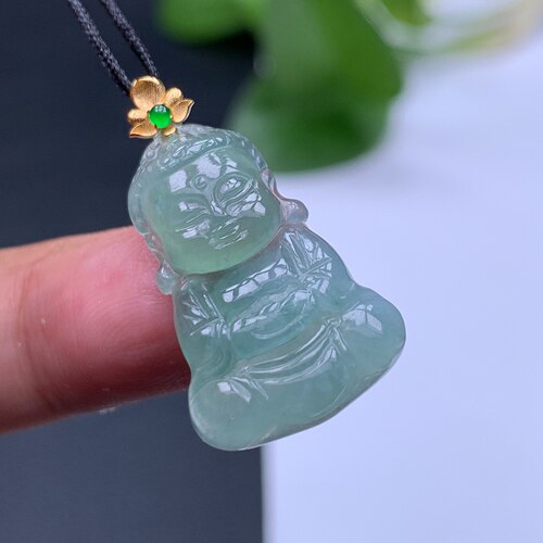 天然缅甸翡翠A货冰晴低绿飘花宝宝佛公吊坠18K金扣完美实拍玉吊坠