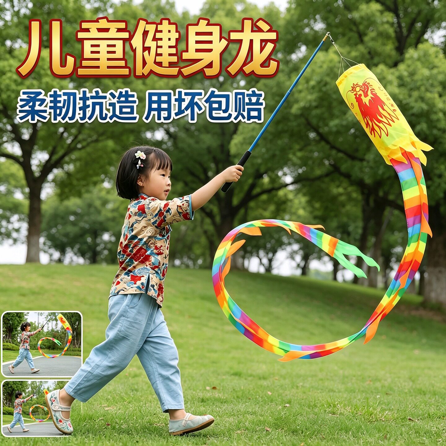 初学空竹龙甩甩龙舞龙彩带儿童健身广场表演杆耍彩带舞龙道具娱乐