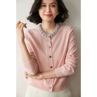外搭羊毛衫 手工钉钻圆领山羊绒针织开衫 毛衣外套短款 长袖 女秋冬季