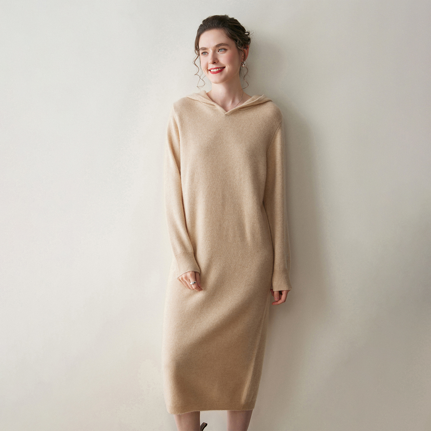 秋冬新款加厚连帽羊绒连衣裙长款