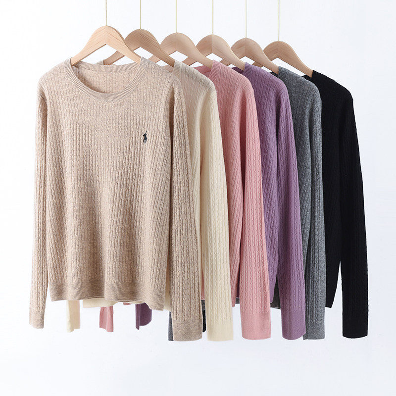 春季薄款精纺纯羊毛圆领麻花刺绣针织衫女套头长袖毛衣百搭打底衫