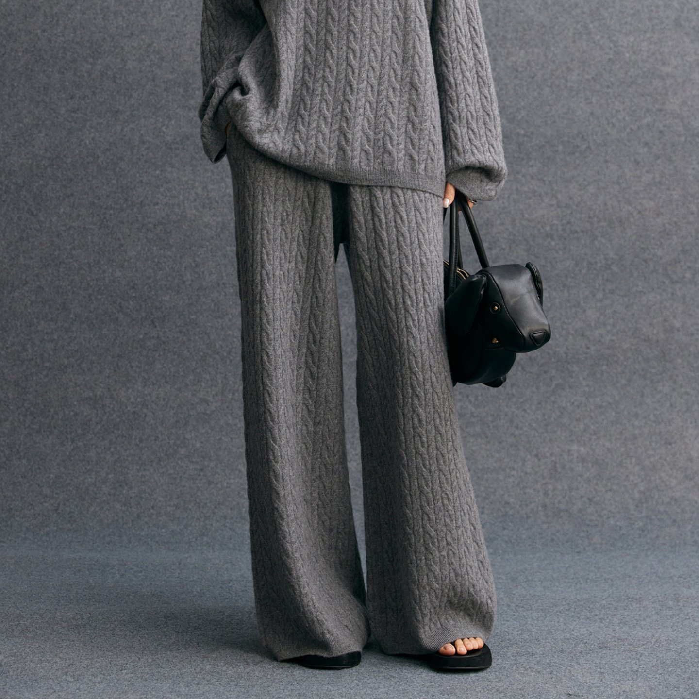 极简风山羊绒麻花针织阔腿裤女高腰慵懒高级感灰色长裤羊毛休闲裤